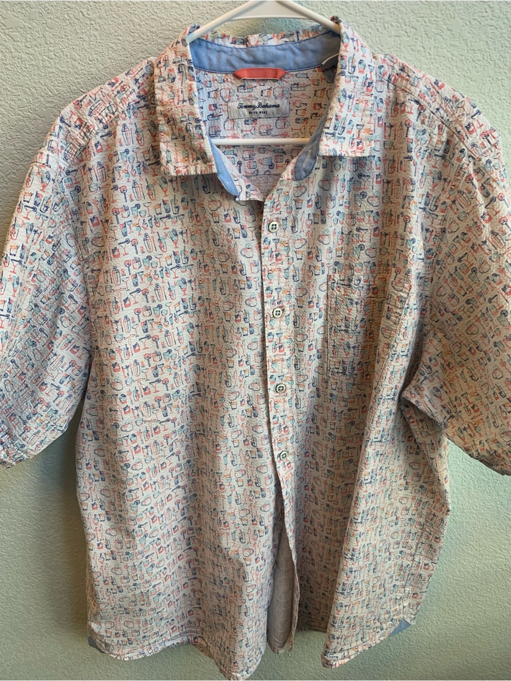 Tommy Bahama Cream Short Sleeve Button-Up with Blue & Coral Print